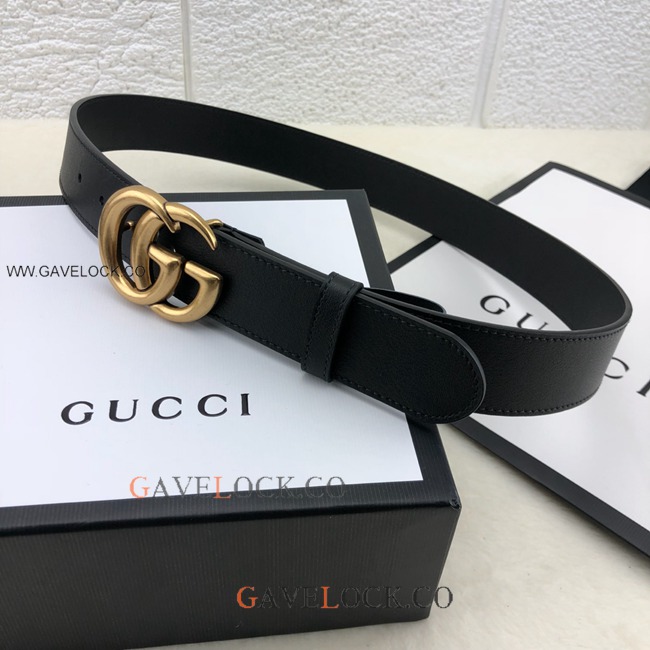 Gucci Black Leather Belt Retro Golden GG Buckle Size 35mm